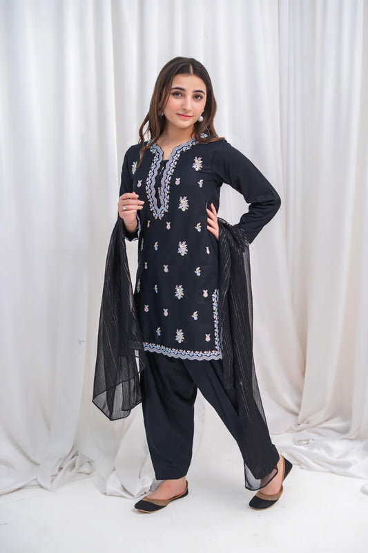 Women's Black Embroidered Lawn Kurta Set 3 Piece T-SFC-S26-012