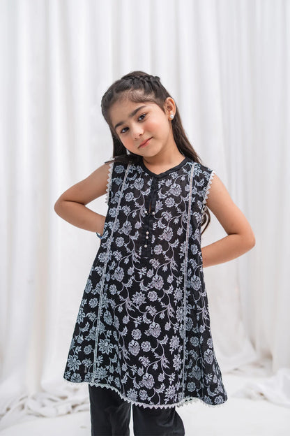 Girls Black Floral Panel Frock & Pants 2 Piece K-MC-TP-014