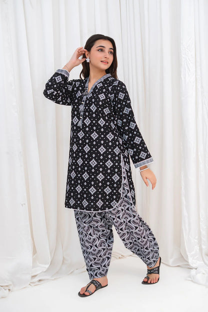Women's Black Geometric Lawn Co-Ord Set 2 Piece T-MC-TP-005