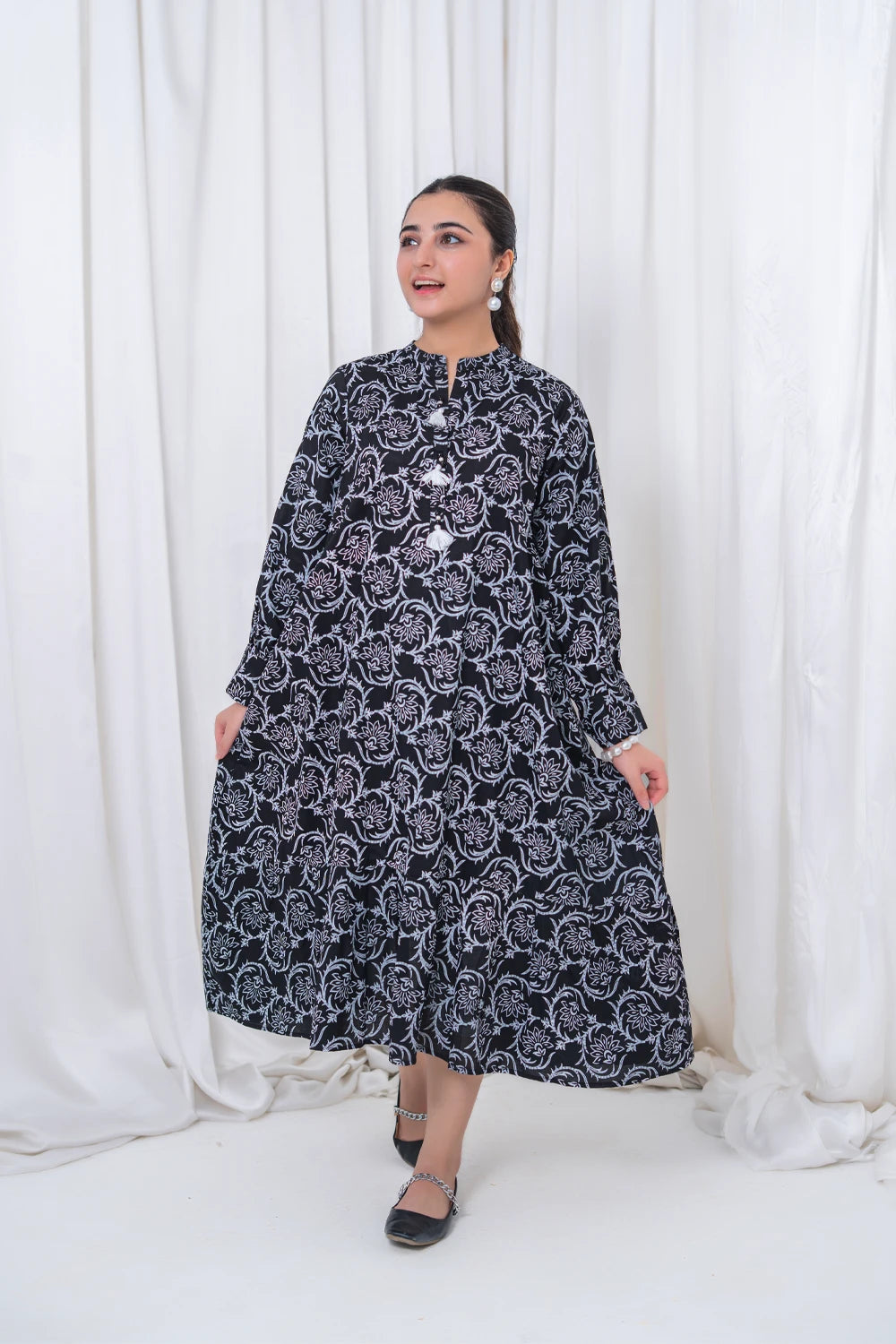 Women's Black Floral Lawn Maxi 1 Piece T-MC-TP-001