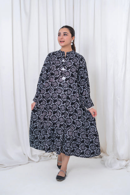 Women's Black Floral Lawn Maxi 1 Piece T-MC-TP-001