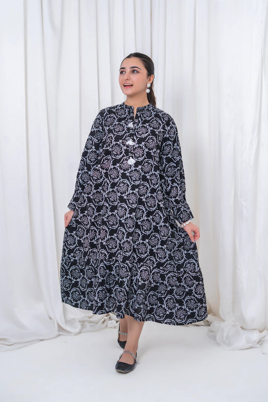 Women's Black Floral Lawn Maxi 1 Piece T-MC-TP-001