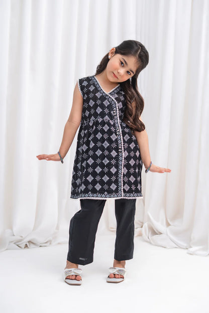 Girls Black Angrakha Lawn Tunic & Pants 2 Piece K-MC-TP-009
