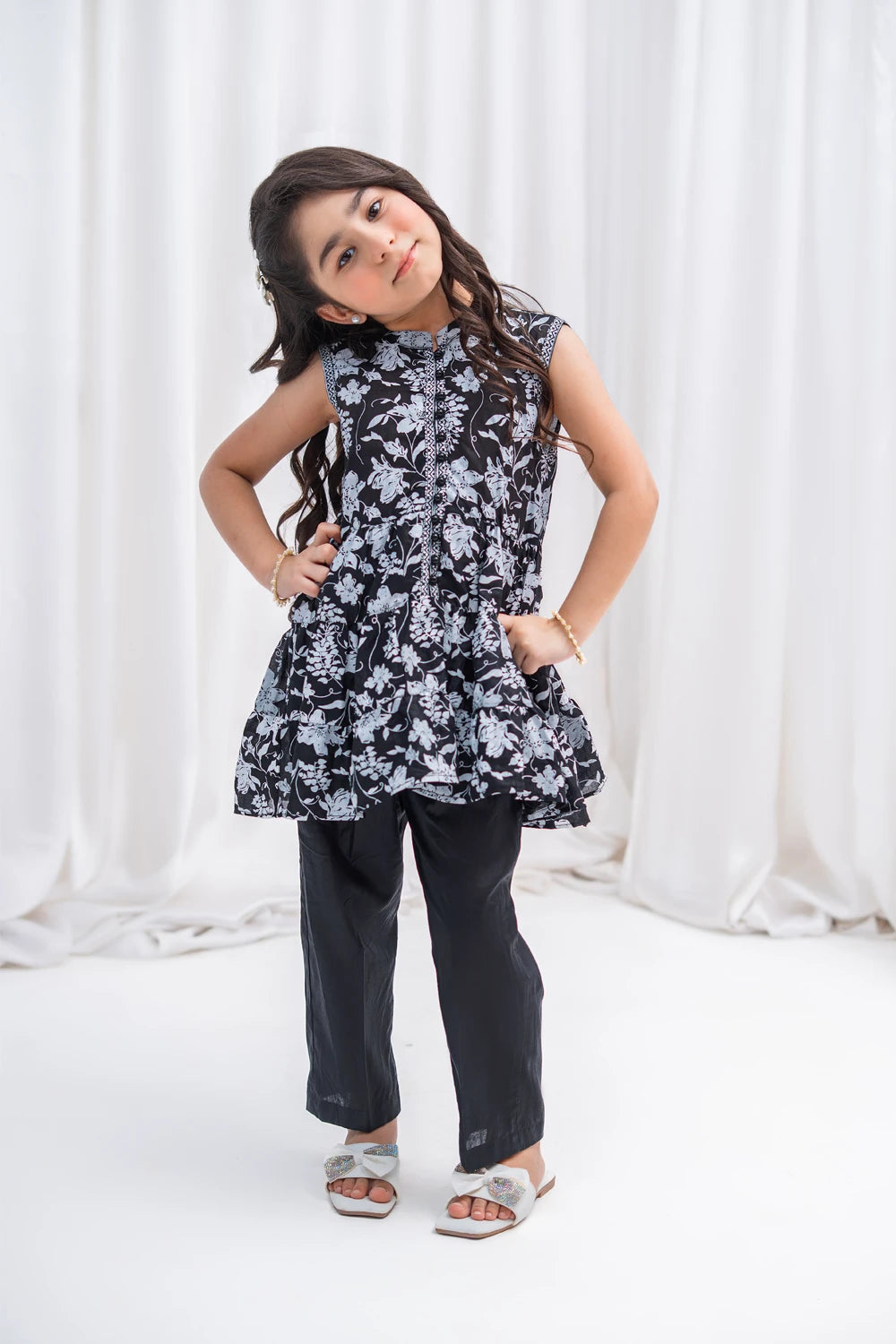 Girls Black Floral Lawn Tunic & Straight Pants 2 Piece K-MC-TP-010