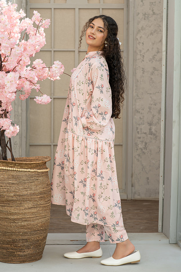 2 Piece Maxi Rose Pink Digital Printed Silk Maxi Dress T-FRK-005