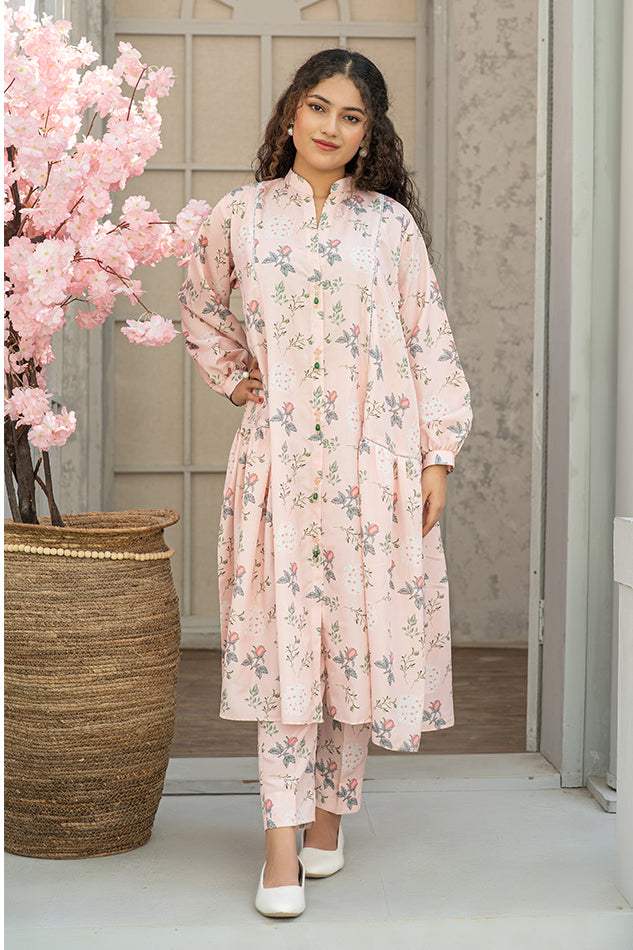 2 Piece Maxi Rose Pink Digital Printed Silk Maxi Dress T-FRK-005