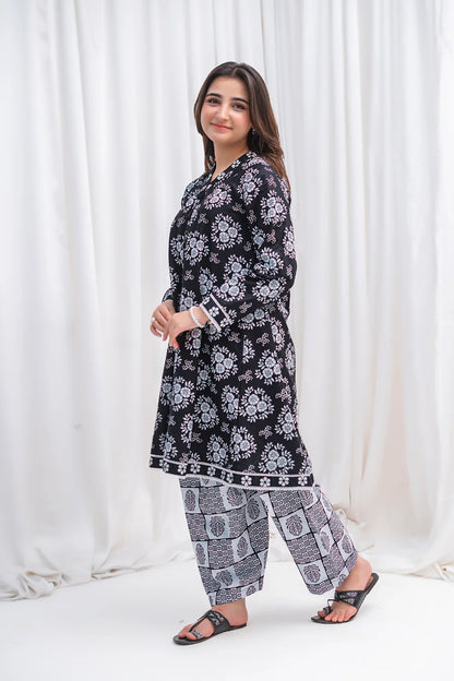 Women's Black Floral Lawn Co-Ord Set 2 Piece T-MC-TP-006