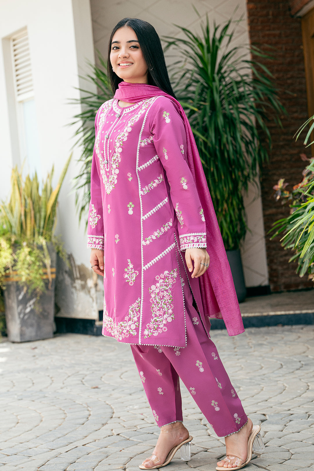 T-SFC-026 EMBROIDERED SHIRT AND SHALWAR TABEL PRINT 3 PCS SUIT