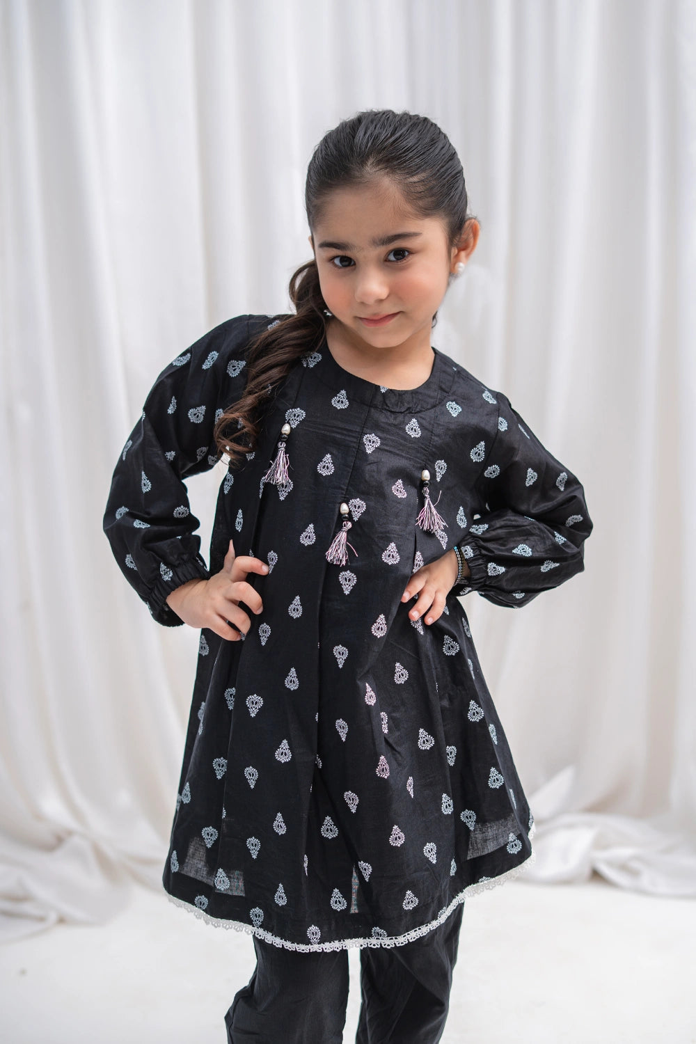 Girls Black Butti Lawn Tunic & Pants 2 Piece K-MC-TP-012