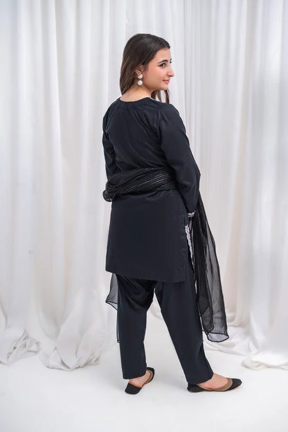Women's Black Embroidered Lawn Kurta Set 3 Piece T-SFC-S26-012