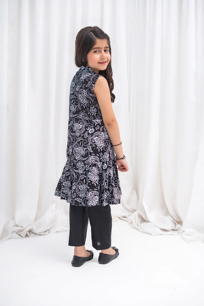 Girls Black Paisley Lawn A-Line Frock & Pants 2 Piece K-MC-TP-011
