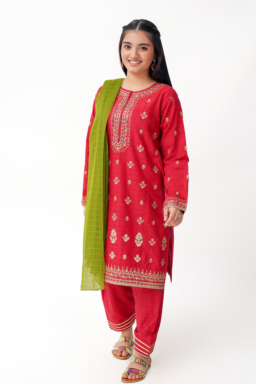 3 Piece Embroidered Suit Green Chiffon Dupatta T-SFC-025