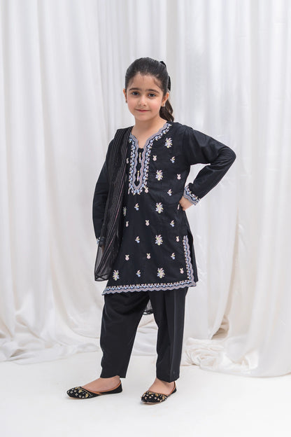 Girls Black Embroidered Lawn Kurta Set 3 Piece K-SFC-S26-012