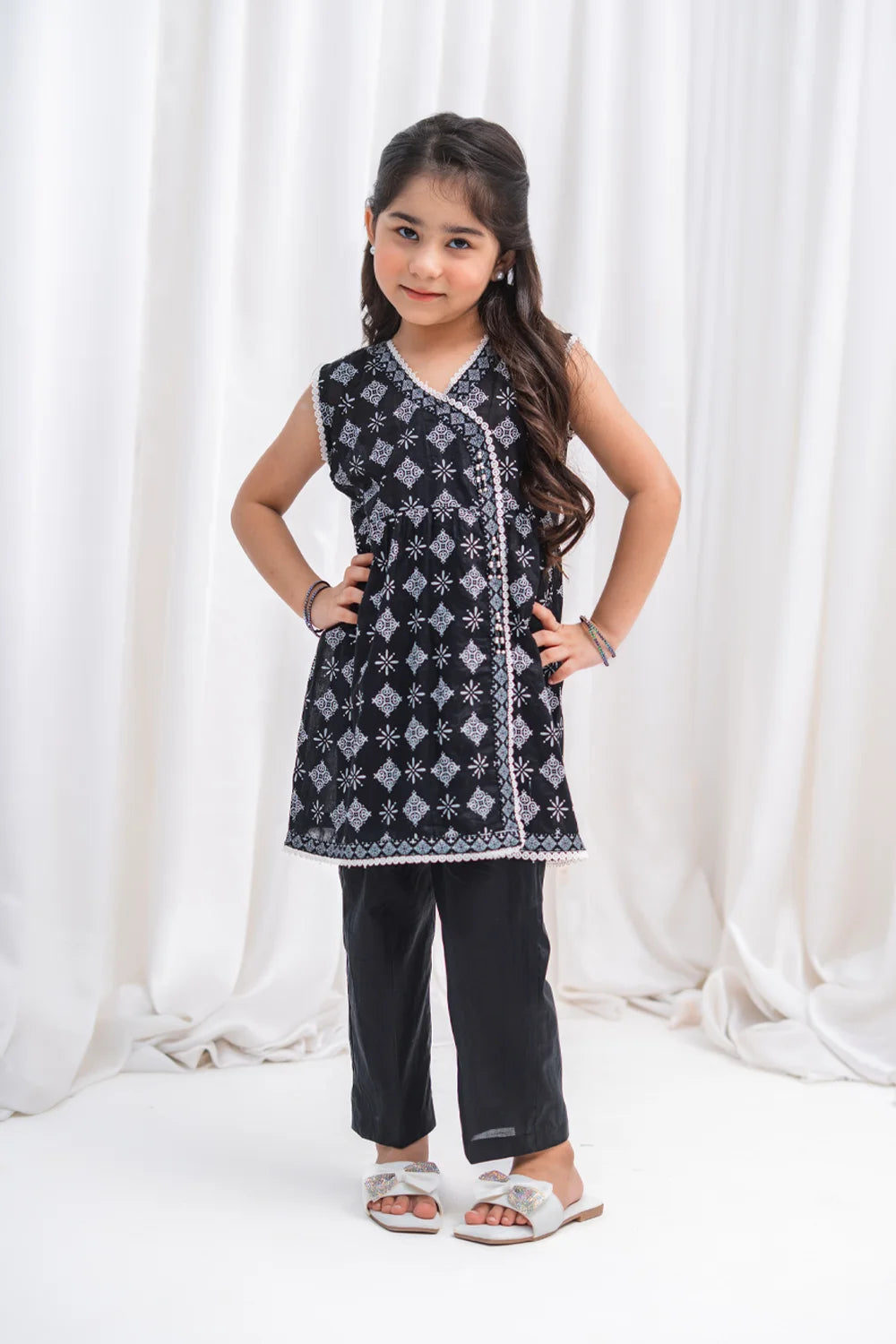 Girls Black Angrakha Lawn Tunic & Pants 2 Piece K-MC-TP-009