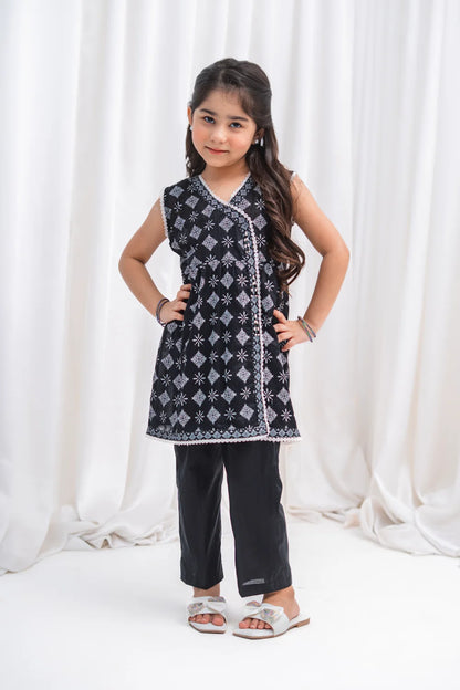 Girls Black Angrakha Lawn Tunic & Pants 2 Piece K-MC-TP-009