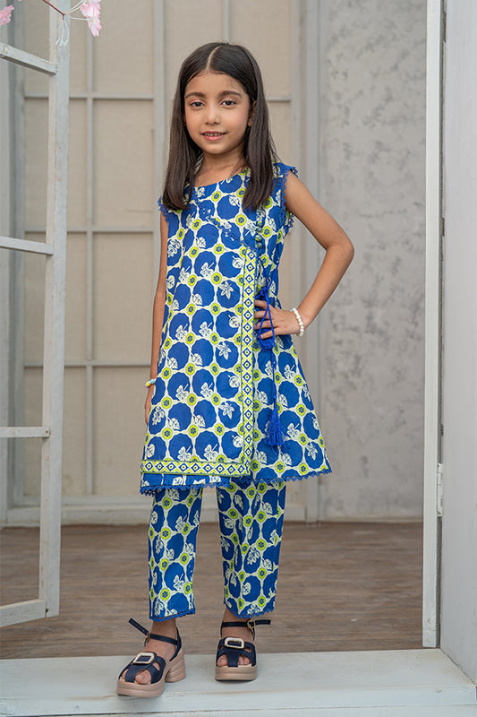 2 Piece Suit Navy Blue Angrakha Frock Cotton Lawn K-DP-011