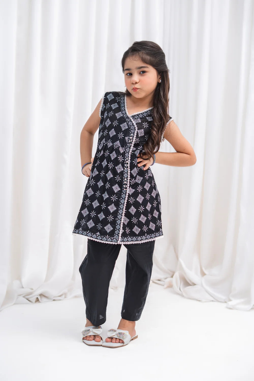 Girls Black Angrakha Lawn Tunic & Pants 2 Piece K-MC-TP-009