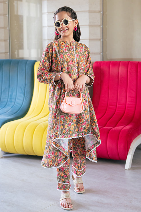 2 Piece Lawn All Over Printed Panel Frock with Trouser K-ALPRTW-048