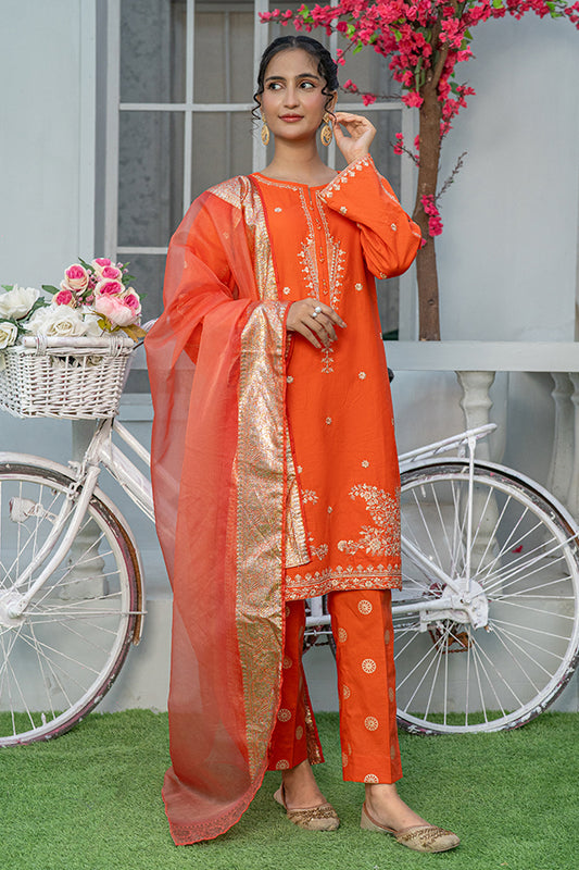 3 Piece Embroidered Cambric Suit with Table Print Orange T-EMB-003
