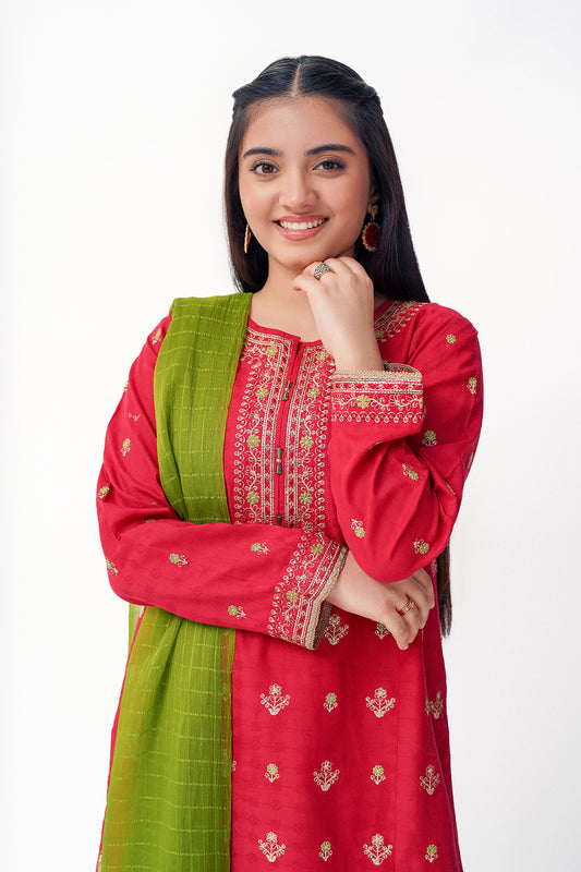 3 Piece Embroidered Suit Green Chiffon Dupatta T-SFC-025