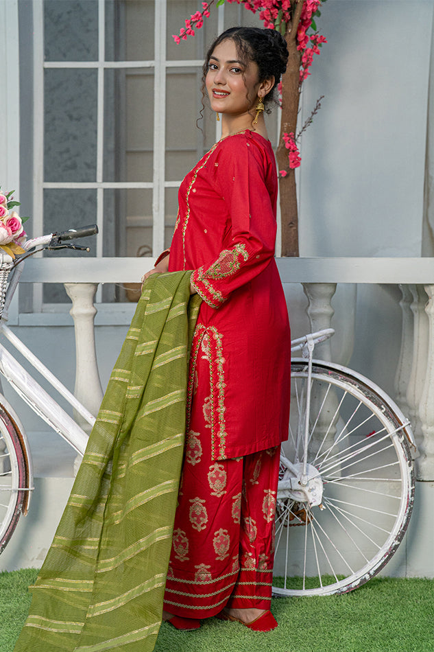 3 Piece Embroidered Cambric Suit with Table Print Red T-EMB-004