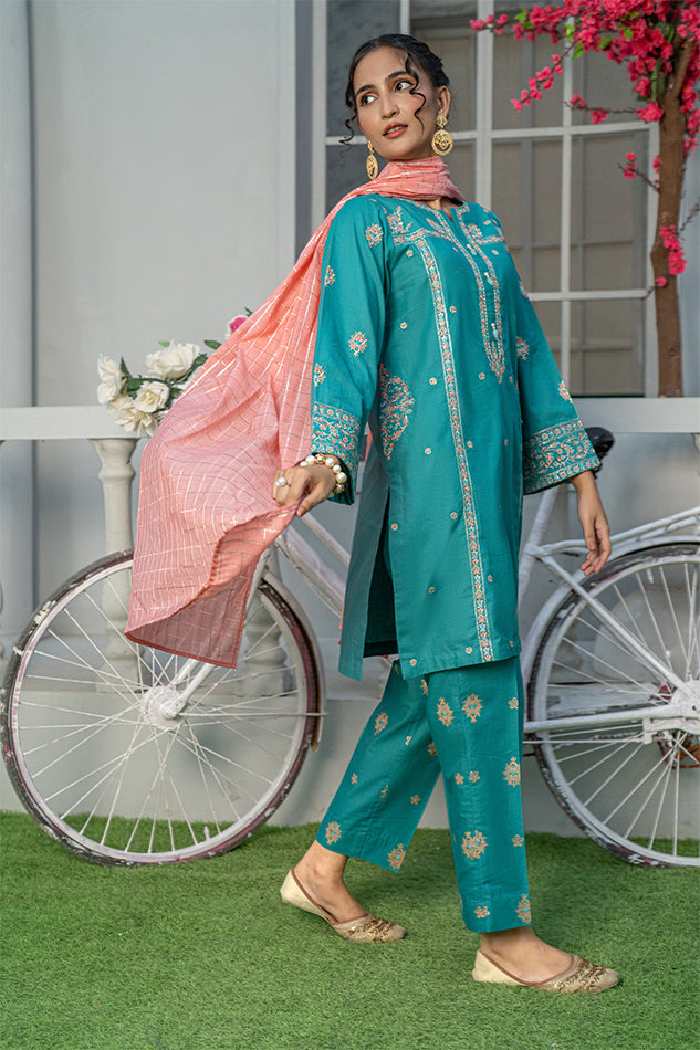 3 Piece Embroidered Cambric Suit with Table Print Teal T-EMB-005