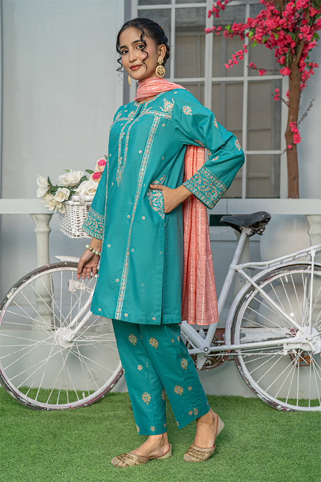 3 Piece Embroidered Cambric Suit with Table Print Teal T-EMB-005