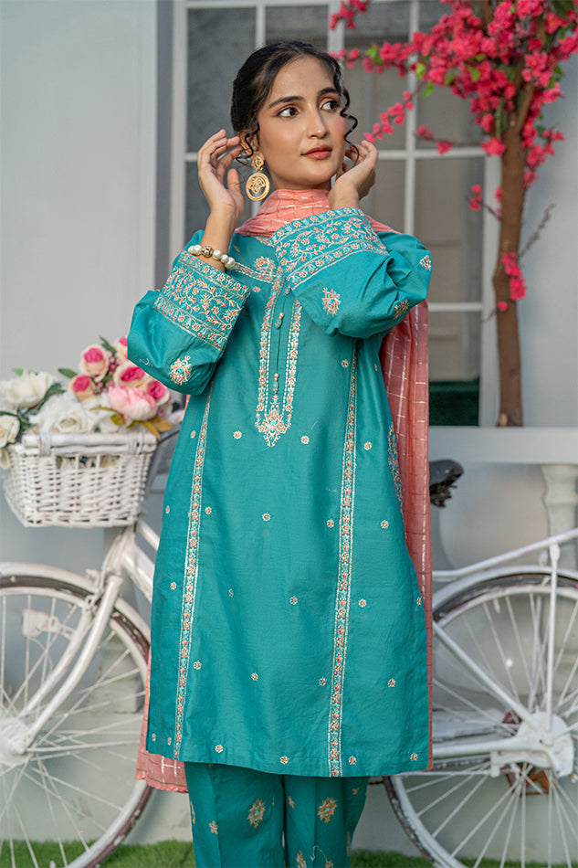 3 Piece Embroidered Cambric Suit with Table Print Teal T-EMB-005