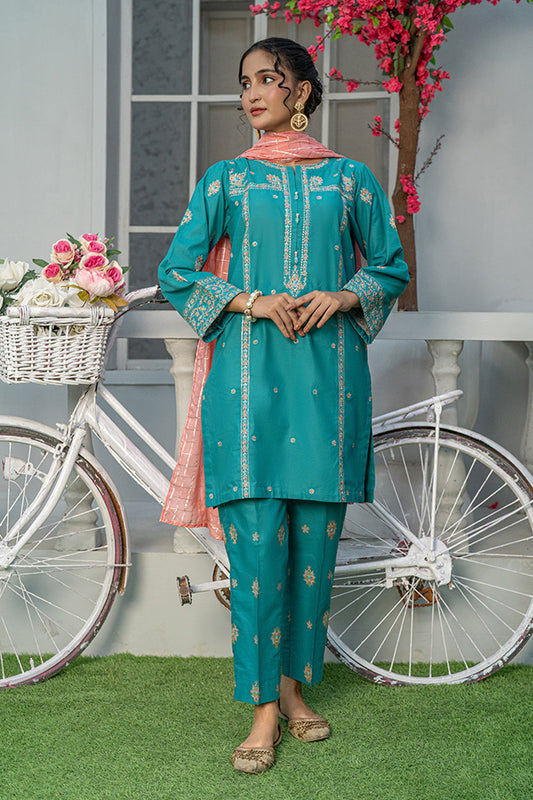 3 Piece Embroidered Cambric Suit with Table Print Teal T-EMB-005