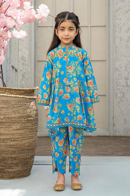 2 Piece Blue Digital Printed Co-ords Set with Lace work K-ALPRTW-037