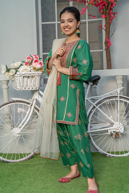 3 Piece Embroidered Dress Cambric Suit with Table Print T-EMB-002