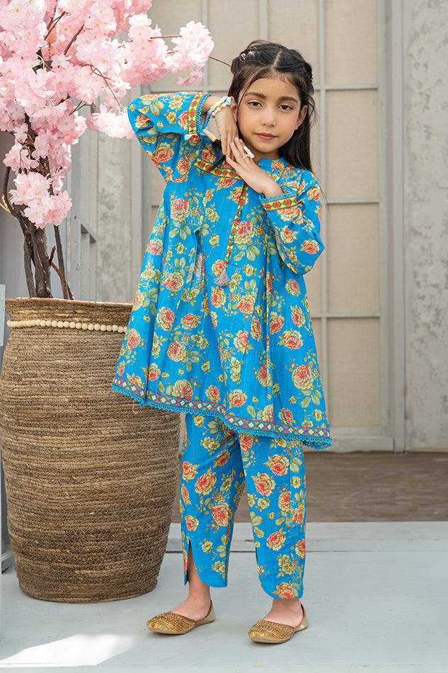 2 Piece Blue Digital Printed Co-ords Set with Lace work K-ALPRTW-037