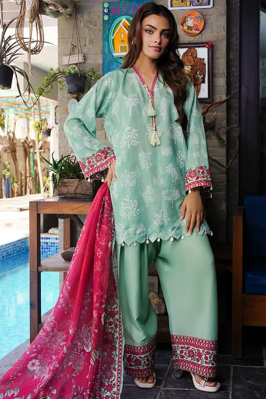 Sage Tree Print Poly Cambric Suit - F-WP-26-01