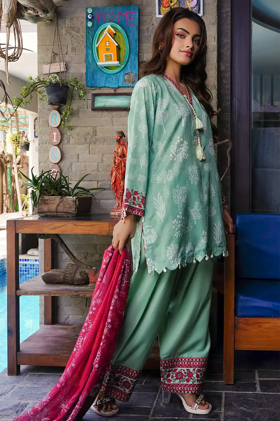Sage Tree Print Poly Cambric Suit - F-WP-26-01