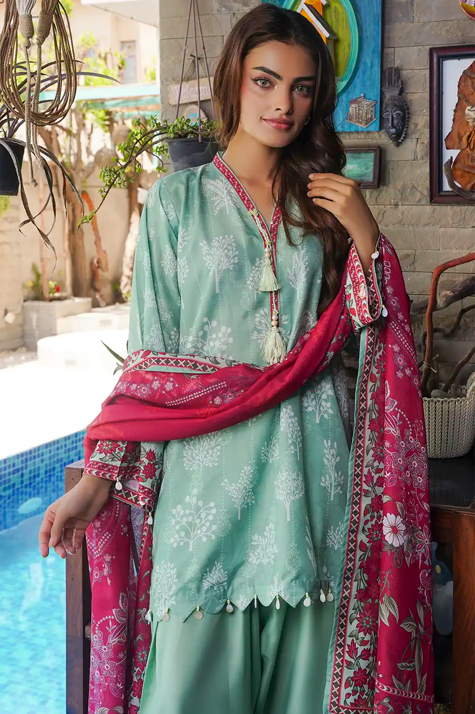 Sage Tree Print Poly Cambric Suit - F-WP-26-01