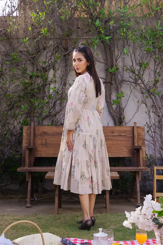 Beige Vertical Wildflower Print Tiered Midi Frock T-ALP-MAXI-021