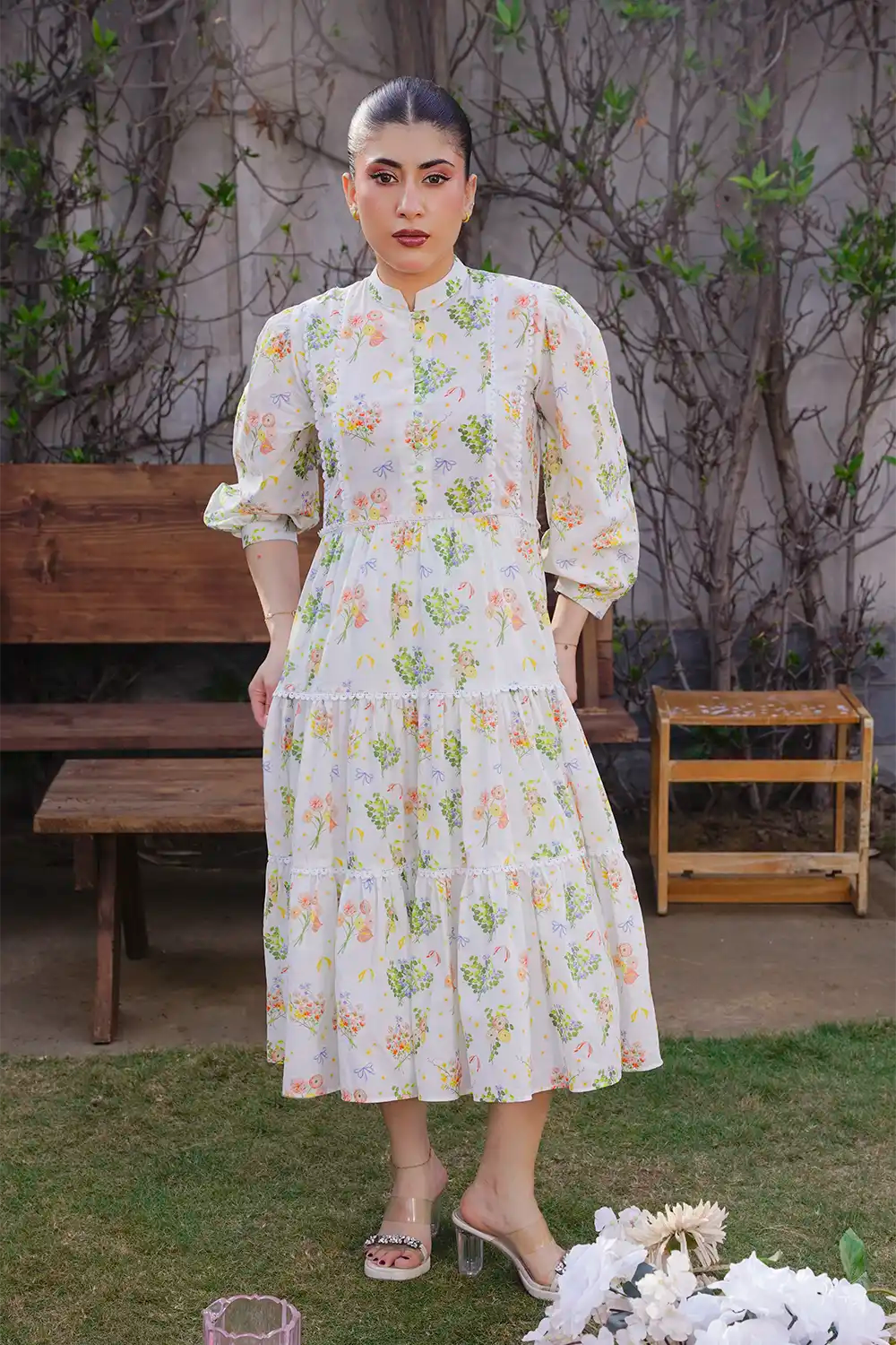 Off-White Botanical Cluster Print Tiered Lace Midi Frock T-ALP-MAXI-015
