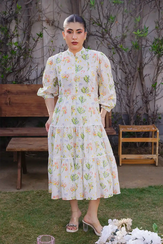 Off-White Botanical Cluster Print Tiered Lace Midi Frock T-ALP-MAXI-015