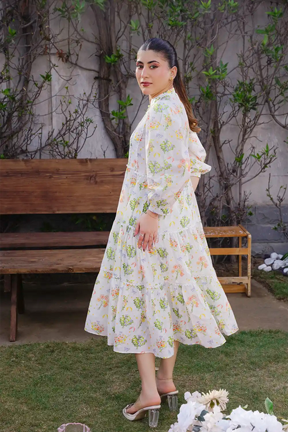 Off-White Botanical Cluster Print Tiered Lace Midi Frock T-ALP-MAXI-015