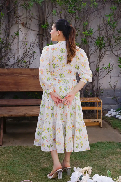 Off-White Botanical Cluster Print Tiered Lace Midi Frock T-ALP-MAXI-015