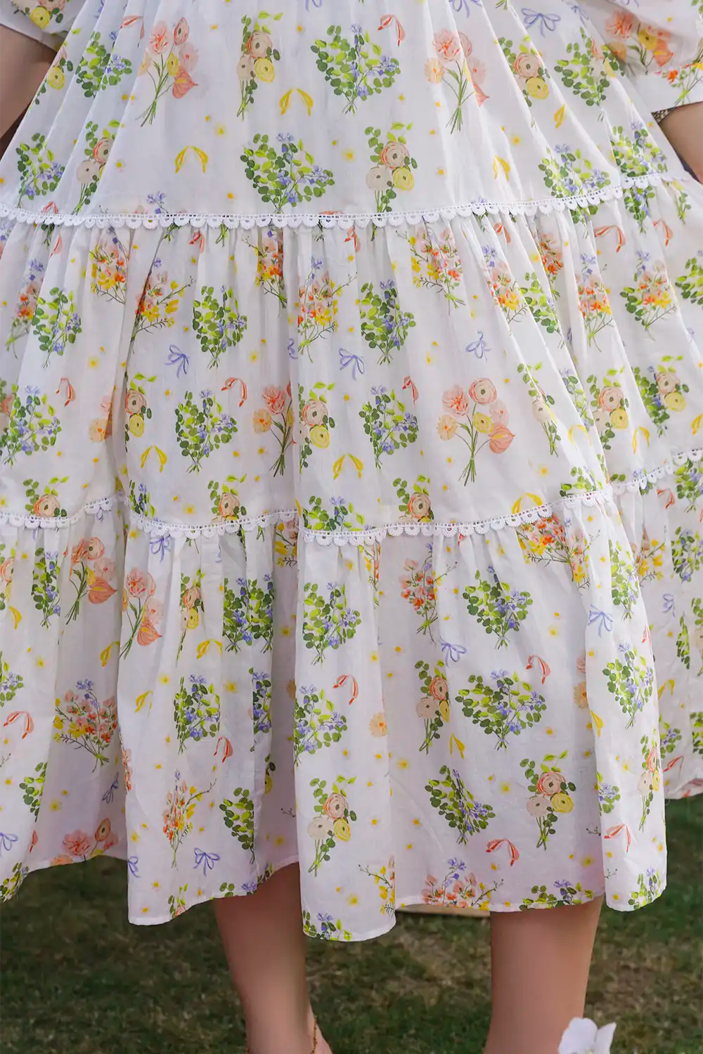 Off-White Botanical Cluster Print Tiered Lace Midi Frock T-ALP-MAXI-015