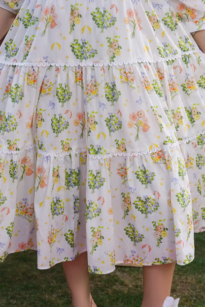 Off-White Botanical Cluster Print Tiered Lace Midi Frock T-ALP-MAXI-015