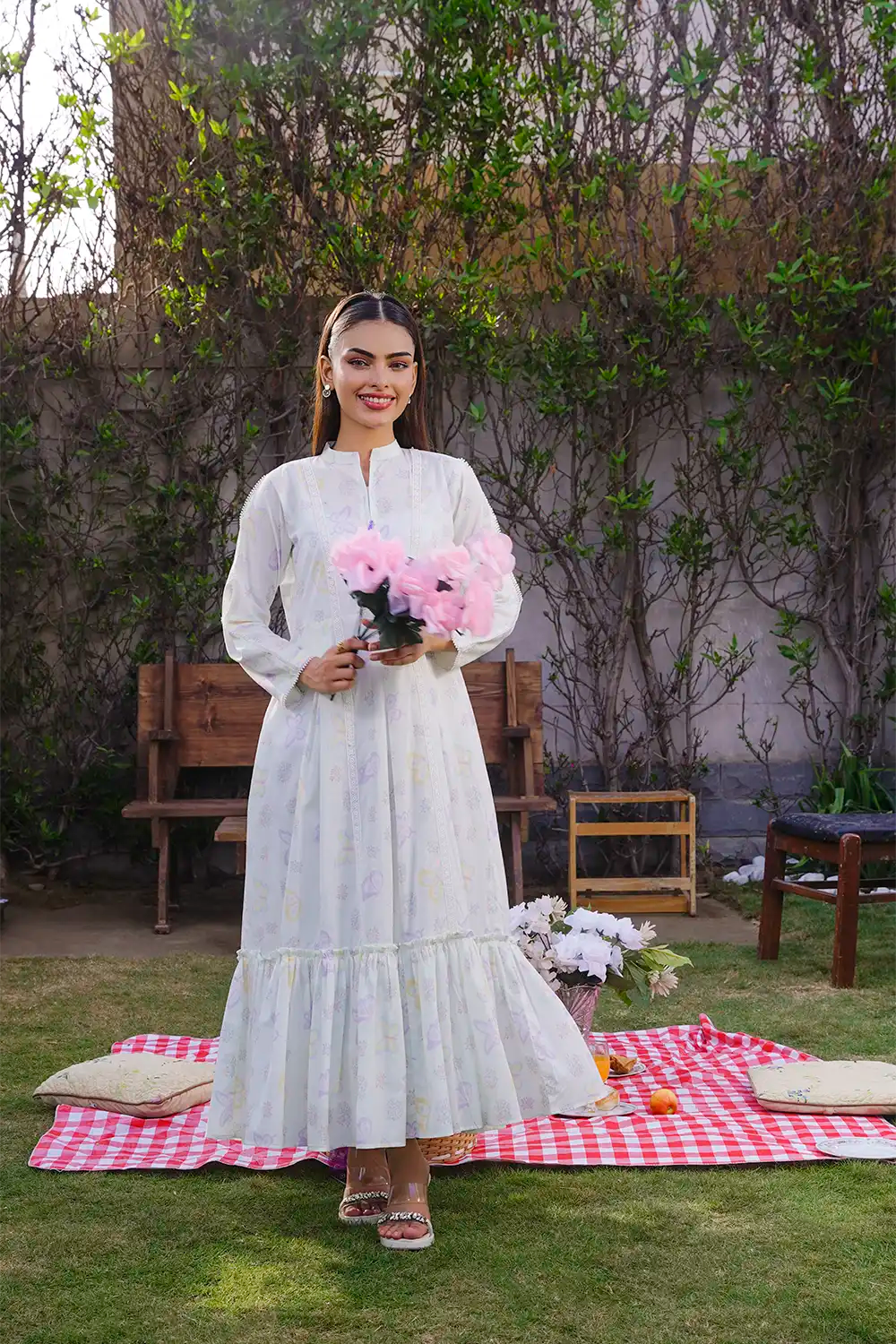Off-White Panelled Pastel Micro-Floral Ruffle Maxi Frock