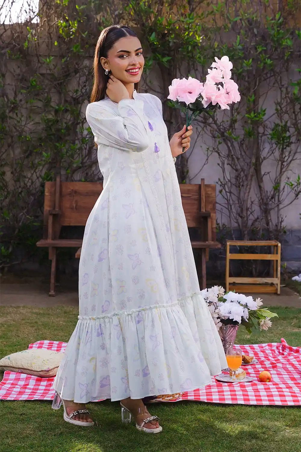 Off-White Panelled Pastel Micro-Floral Ruffle Maxi Frock