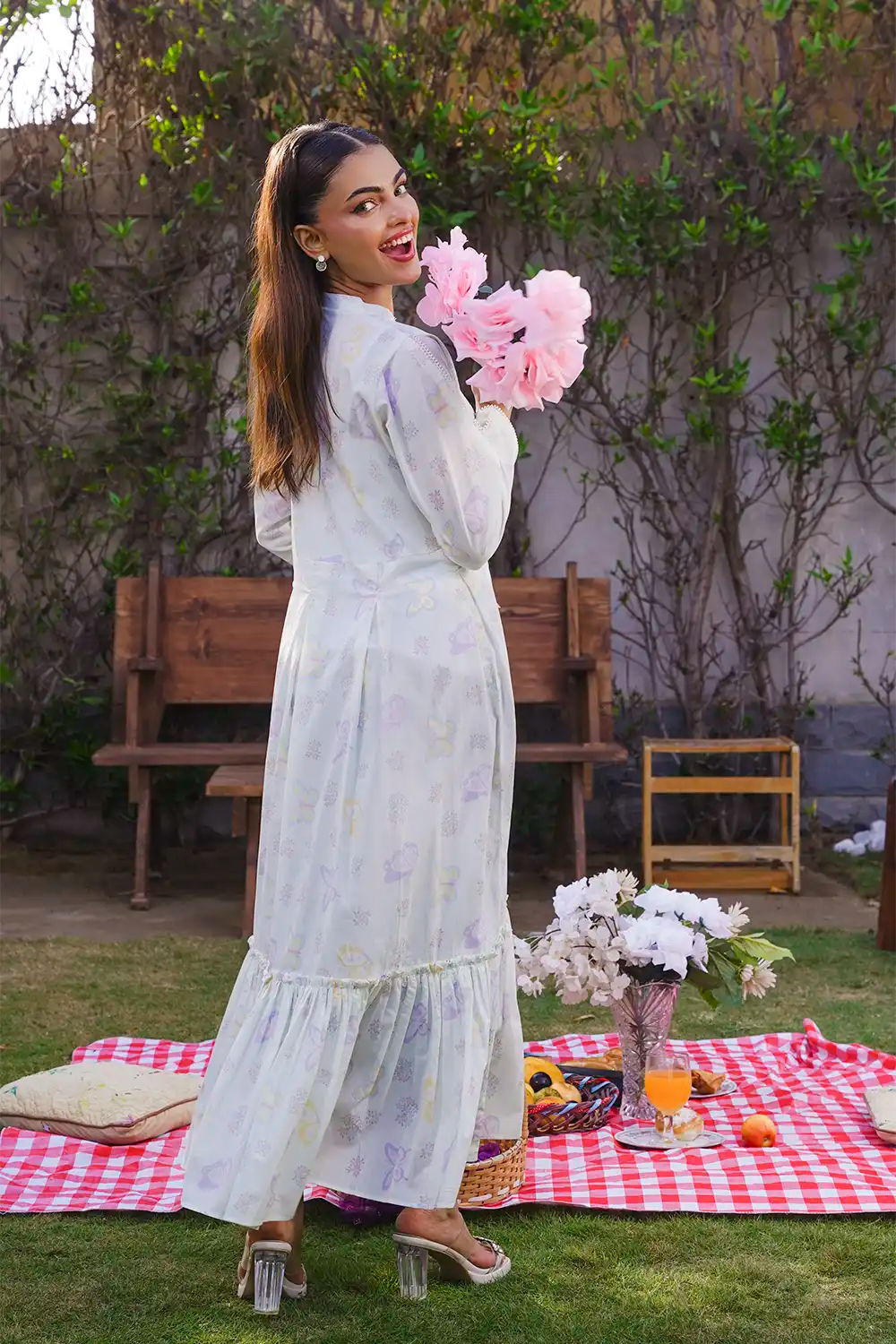 Off-White Panelled Pastel Micro-Floral Ruffle Maxi Frock