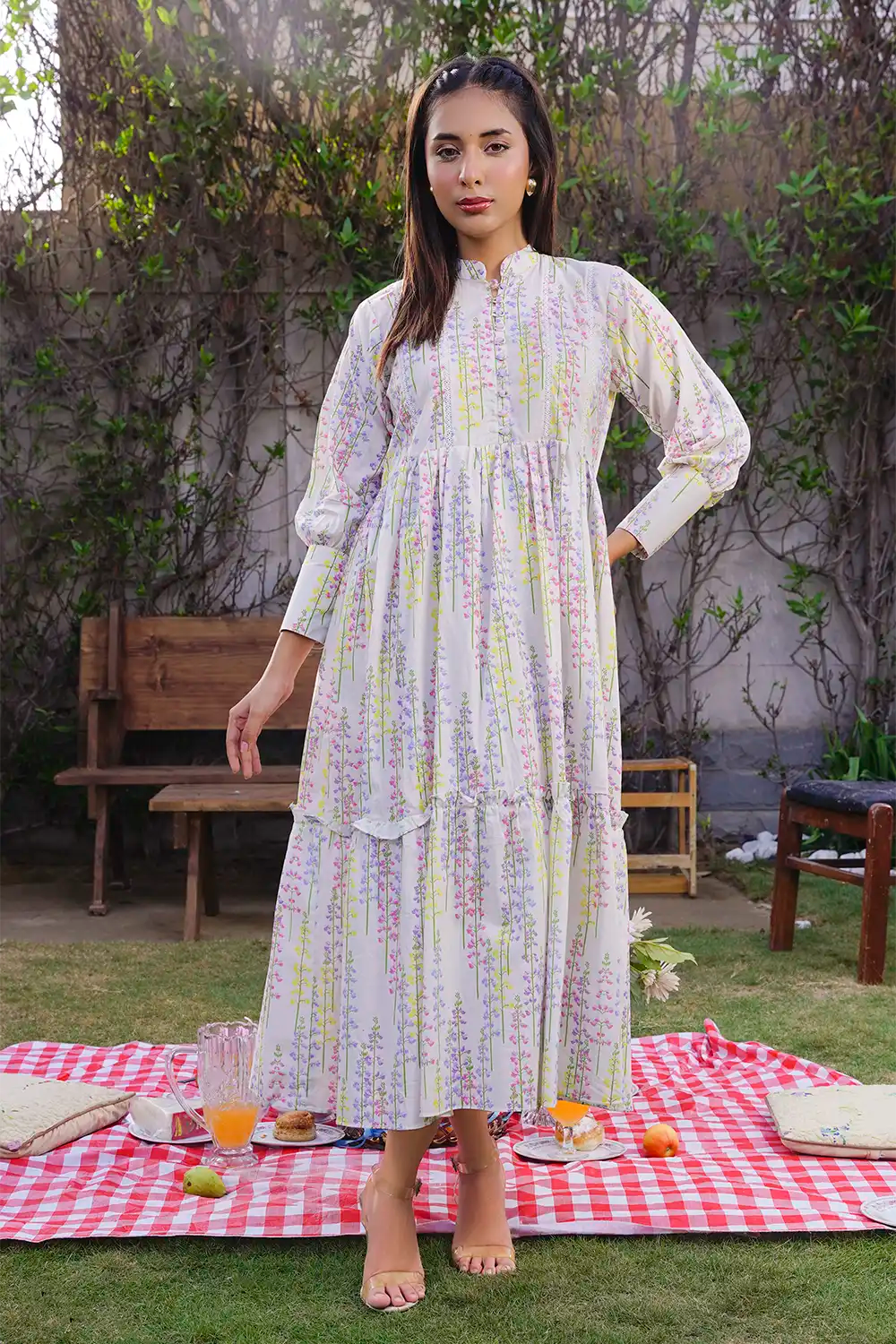 Off-White Vertical Floral Trail Tiered Maxi Frock with Bishop Sleeves
