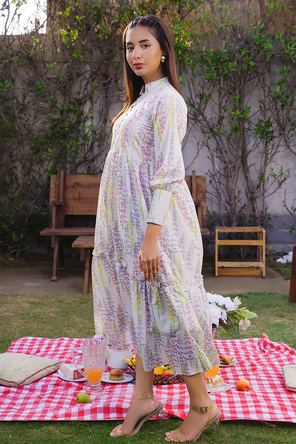 Off-White Vertical Floral Trail Tiered Maxi Frock with Bishop Sleeves