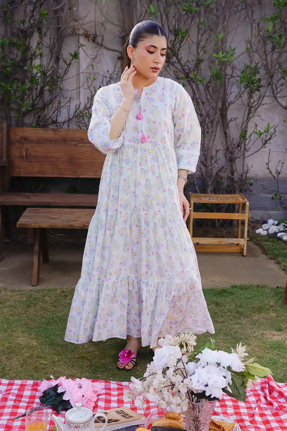 Off-White Multi-Tiered Pastel Garden Print Maxi Frock with Tassel Detail