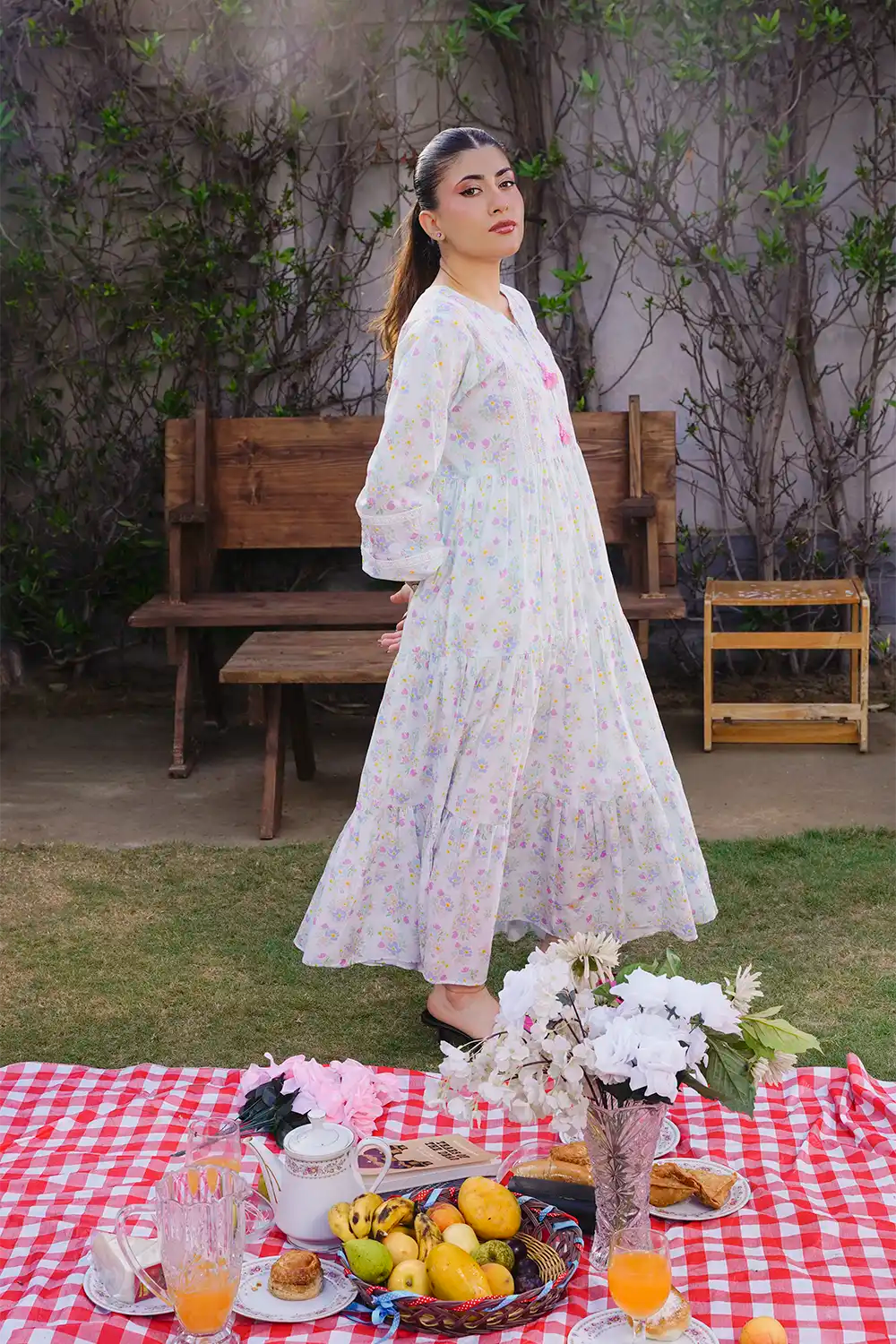 Off-White Multi-Tiered Pastel Garden Print Maxi Frock with Tassel Detail