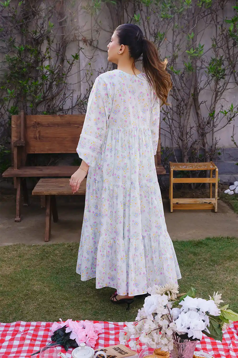 Off-White Multi-Tiered Pastel Garden Print Maxi Frock with Tassel Detail
